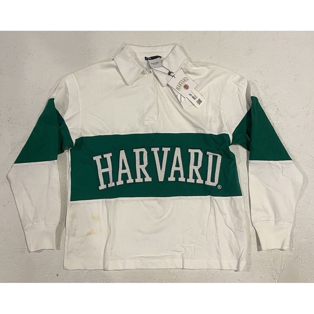 Zara Polo Shirt Top Women's S White Green Harvard‎ Spell Out Embroidered Rugby